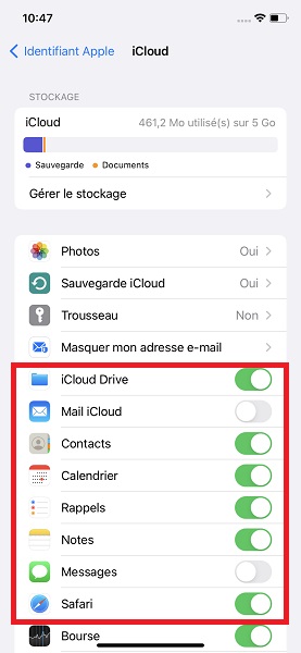 Copier vos données grâce au compte iCloud.